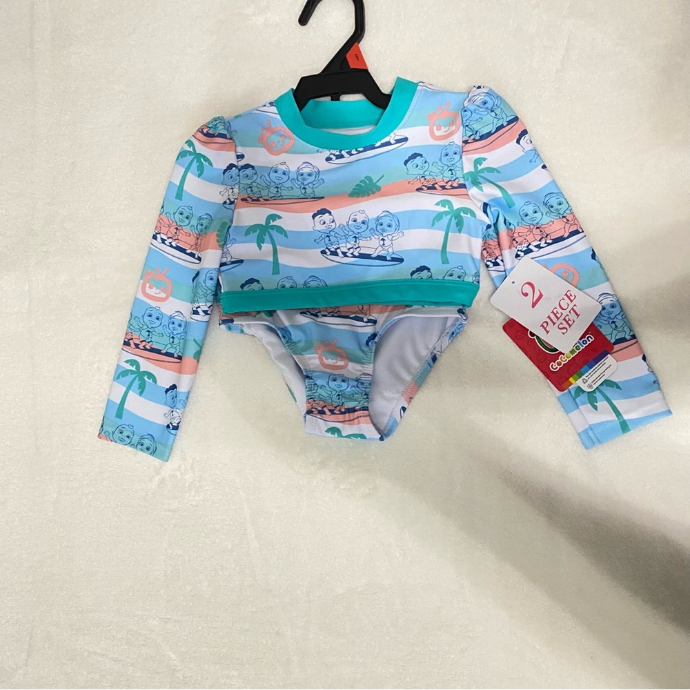 NWT Cocomelon two-pieces Rashguard swim set size 2T,Eco friendly lining, UPF 50+